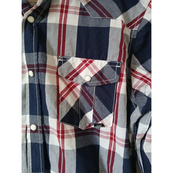 Coastal Shirt Men's Medium Blue Red Plaid Western Cowboy Tab Roll Sleeves Snap - Picture 2 of 16